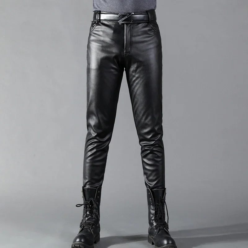 Leather Work Pants - Celana kulit ketat untuk pria, celana
