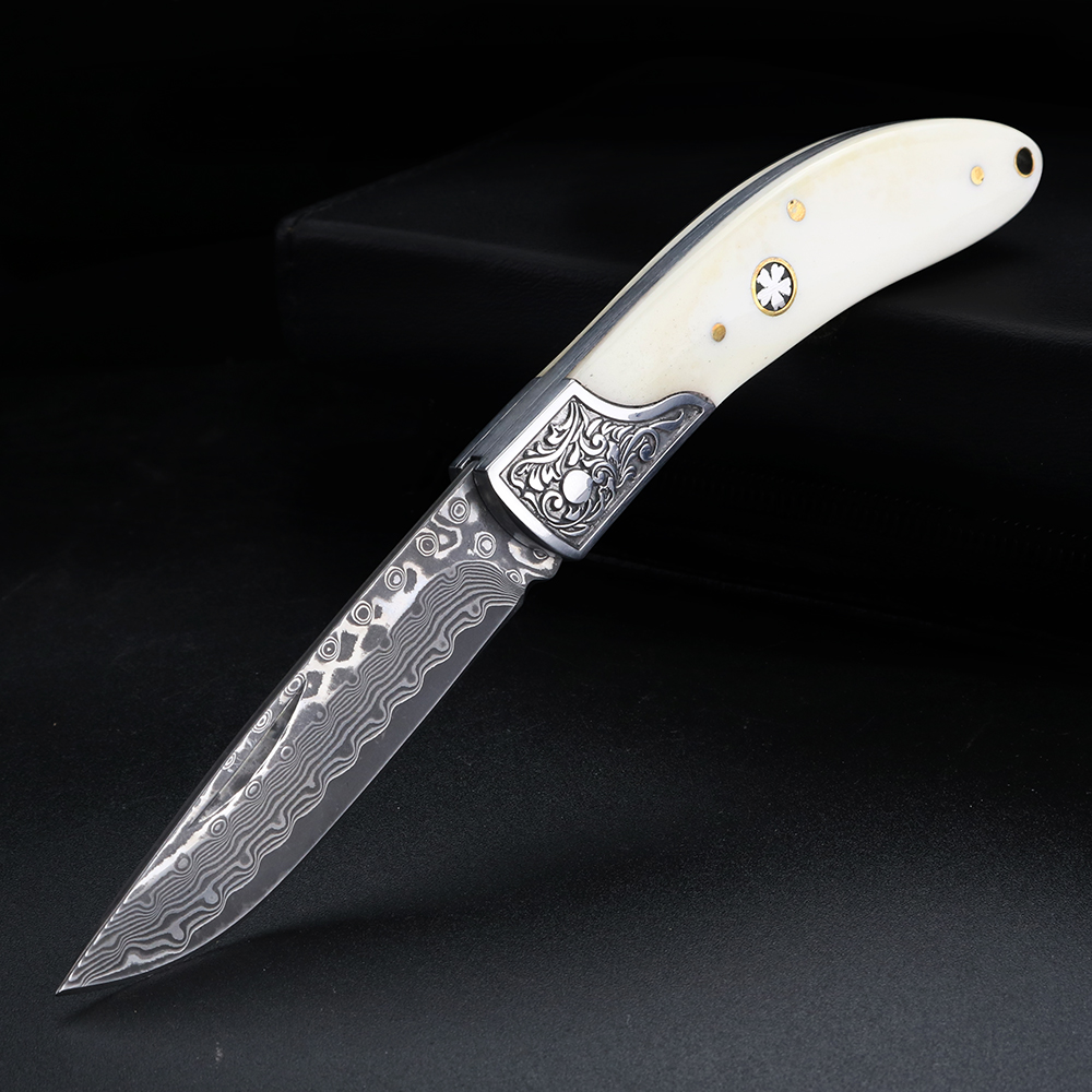 Bone Folder Tool - Pisau lipat baja Damascus tulang banteng,