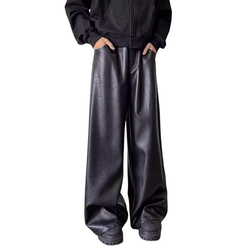 Leather Work Pants - Celana Kasual Kulit Imitasi Longgar Retro